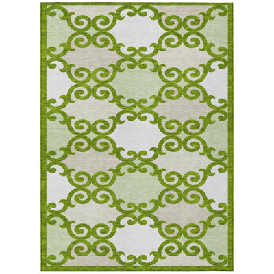 10' X 14' Lime Green And Ivory Trellis Washable Indoor Outdoor Area Rug