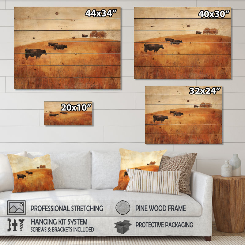 Vaches dans les champs d'automne I - Art mural en bois campagne - sur bois de pin naturel, H 24 po x l 32 po x P 0,78 po
