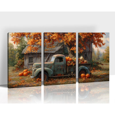Art mural sur toile GUTTATY, peinture de camion citrouille d'automne rustique, peinture de campagne campagnarde de grange, impression d'art de ton de terre vibrante, grande œuvre d'art pour le salon, fête de l'Action de grâce, 20 po x 30 po x 3 pièces