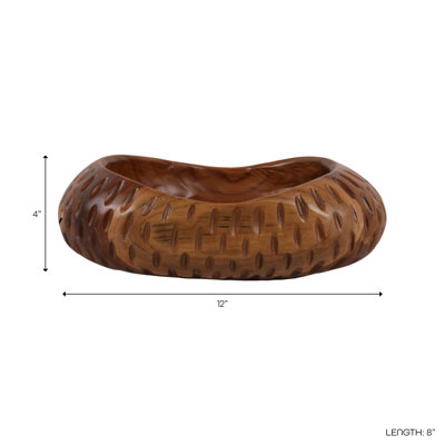 Rustic Modern Hand-Carved Teak Wood Bowl For Tabletop Display - Decorative Textured Accent Bowl For Home Decor Styling - 12", Brown