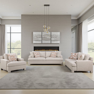 Laurelton Modern & Contemporary Chenille 3-Piece Living Room Set with Pocket Coil Support and Coordinating Decor Pillows