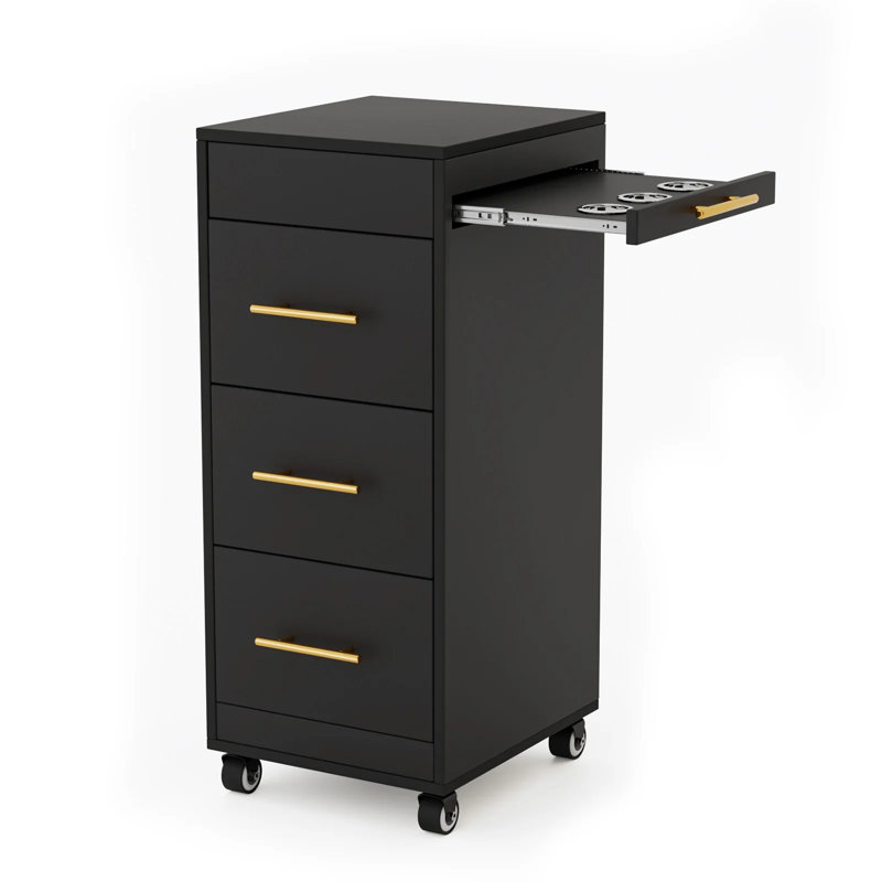 Wood Salon Trolley Cart With 4 Wheels, Black