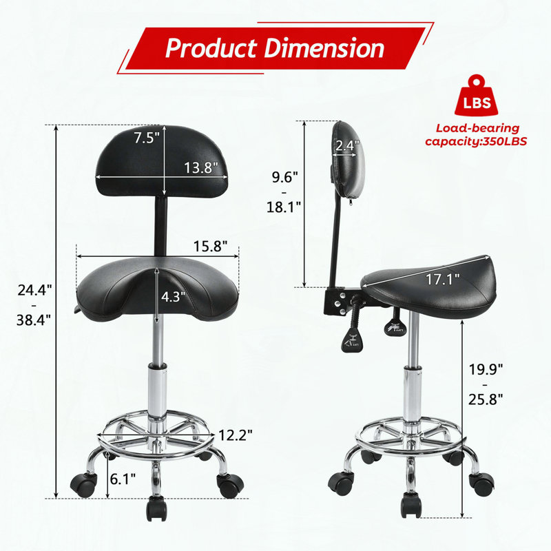Ergonomic Saddle Stool with Back Support – Rolling – Adjustable Height & Angle