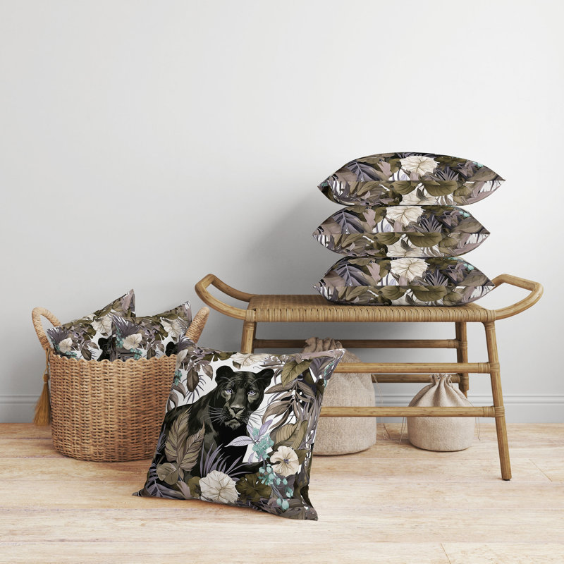 Oreiller réversible intérieur / extérieur Panther Tropic Twilight, H 26 po x l 26 po, Noir / vert / olive