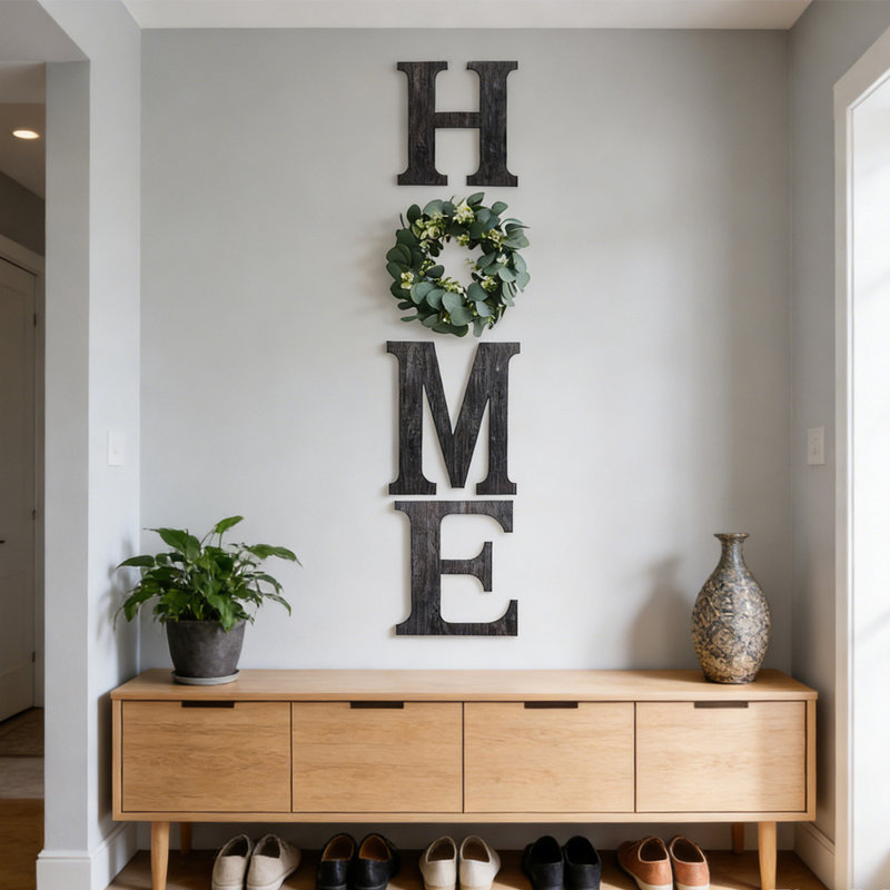 HOME Wood Letters With Artificial Flower Wreath Wall Front Door Decor, Wooden Decorative Sign Modern Farmhouse Decor Flower Garland Decoration Hanging For Entryway, Kitchen, Housewarming Present