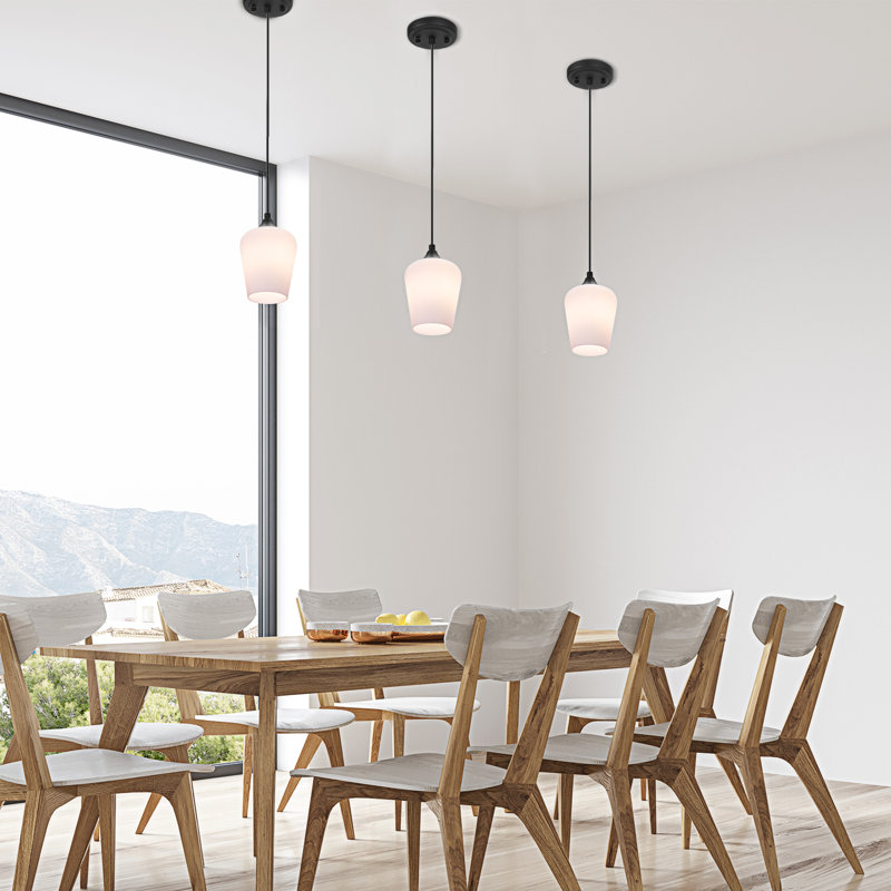 Luminaire suspendu 1 lumière à abat-jour noir mat avec abat-jour en verre opale gravé satiné