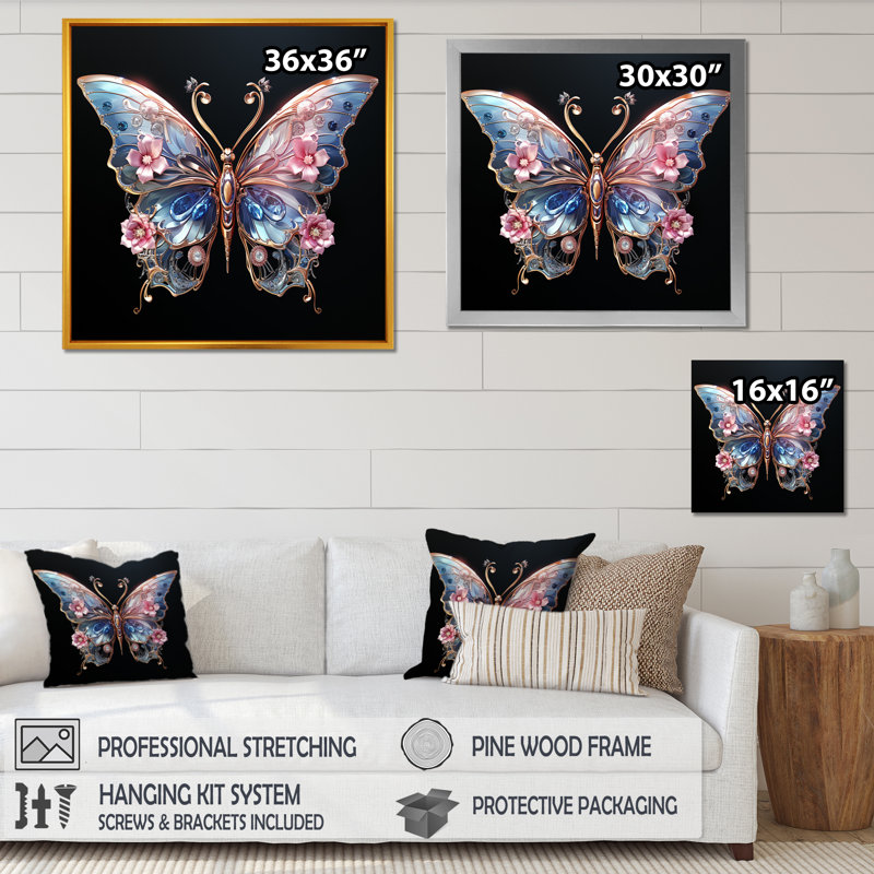 «Blue and Pink Crystal Butterfly III», art mural papillon, Cadre flottant brun, H 16 po x l 16 po x P 1 po