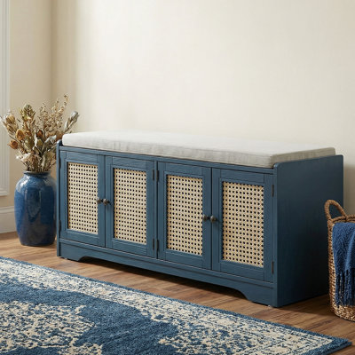 Rattan Shoe Bench with Removable Cushion & Adjustable Shelves