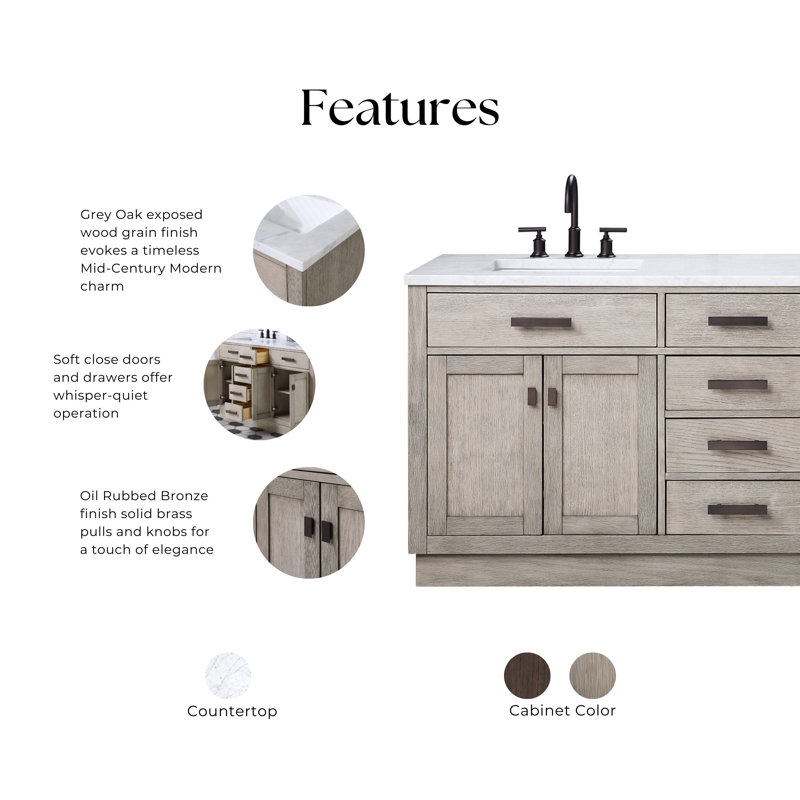 Chestnut 72" Carrara White Marble Countertop Bath Vanity with Faucet, Gray Oak