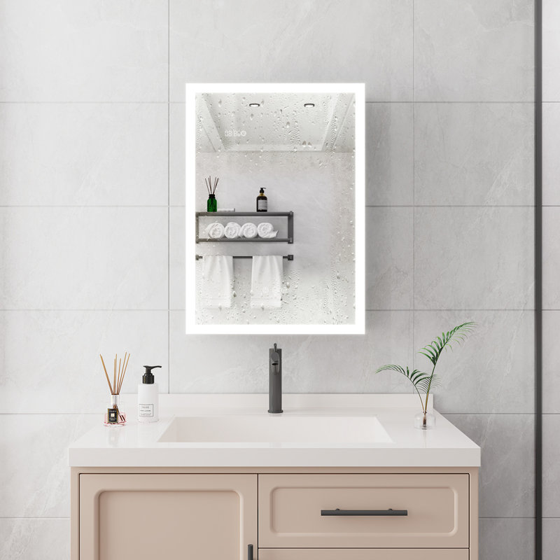 Armoire à pharmacie de salle de bain avec lumières, armoire à pharmacie DEL 28 po x 20 po avec miroir, armoire à pharmacie lumineuse avec désembueur, gradateur, horloge numérique et affichage de la température, montage en surface