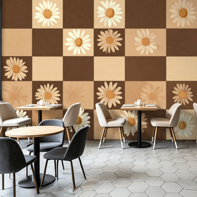 Peler et coller papier peint rétro floral beige brun géométrique carrés d'art mural auto-adhésif et amovible