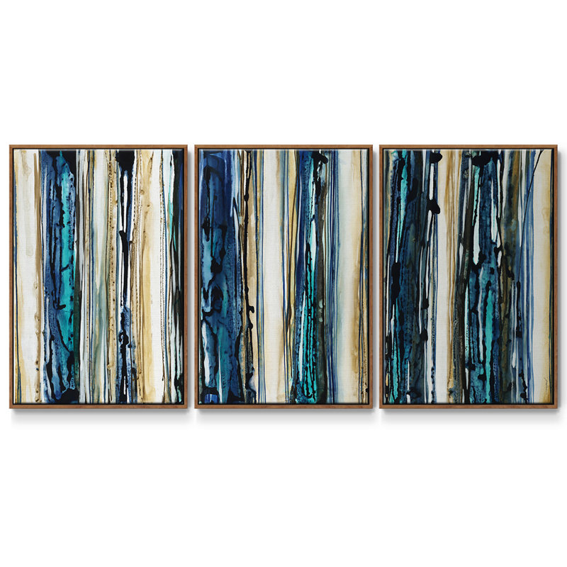 Rayures bleues 3 pièces, H 36 po x l 75 po x P 2 po, Noyer