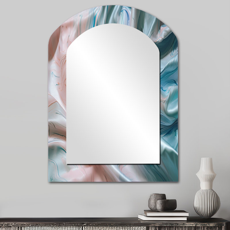 «Pink Blue Dancing Colors II» - miroir asymétrique en marbre, miroir mural décoratif en arche rose, impression d'art en métal