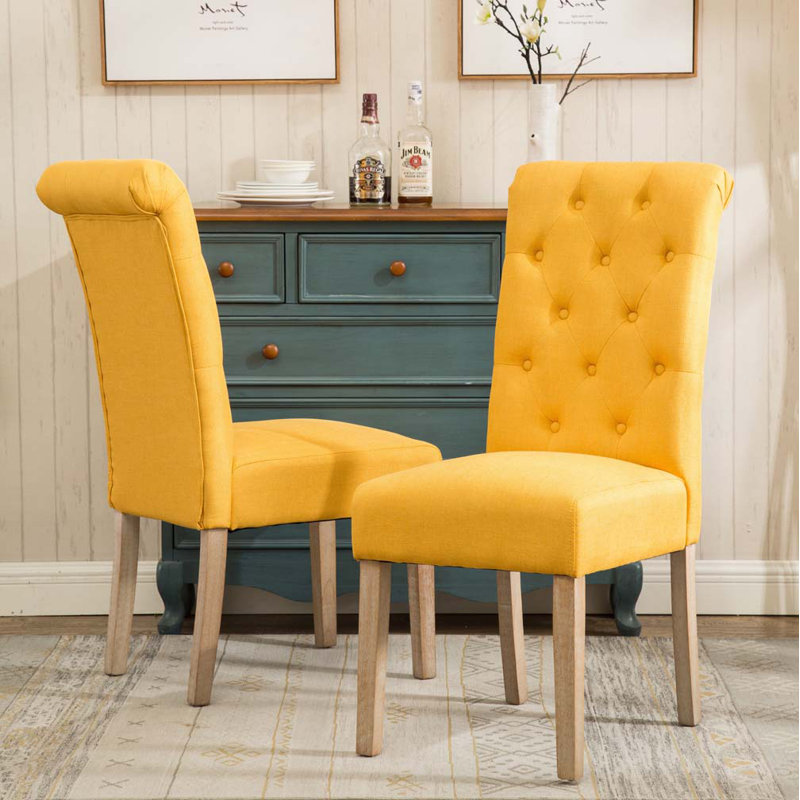 Ensemble de chaises de salle à manger rembourrées en polyester avec dossier capitonné et pieds en bois, Jaune