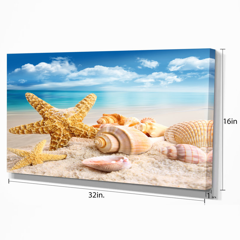 «Starfish and Seashells on Beach», photographie, H 30 po x l 40 po x P 1,5 po, Toile tendue