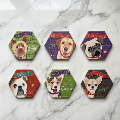 Set of 6 Cute Dog Coasters, Hexagonal Cork Coasters with Colorful Dog Breeds and Non-Slip Cork Backs