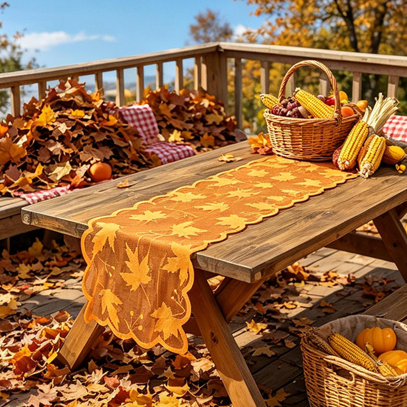 Chemin de table orange en feuille d'érable avec dentelle 73,2 pouces Linge de table en maille transparente Bordure festonnée