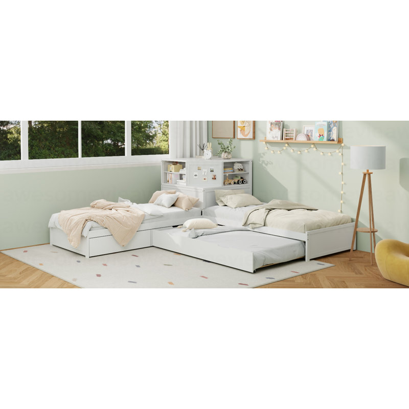 L-Shaped Combination Twin Bed Frame with Trundle and Drawer,3-in-1 Low Corner Platform Bed Linked with Built-in Desk and Led Downlight, White