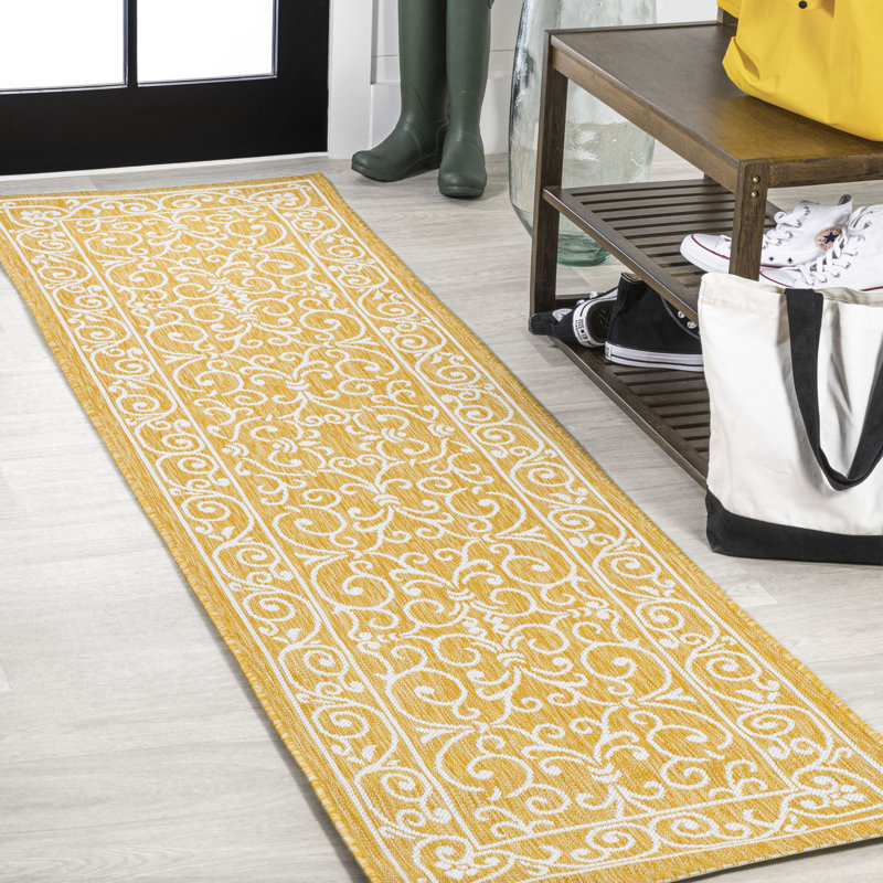 Debbe Vintage Filigree Textured Weave Yellow/Cream Indoor/Outdoor Rug, Runner 2'2" x 8'