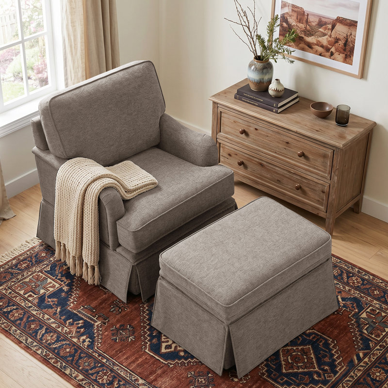 Upholstered Skirted Swivel Accent Arm Chair With Storage Ottoman, Light Brown Chenille