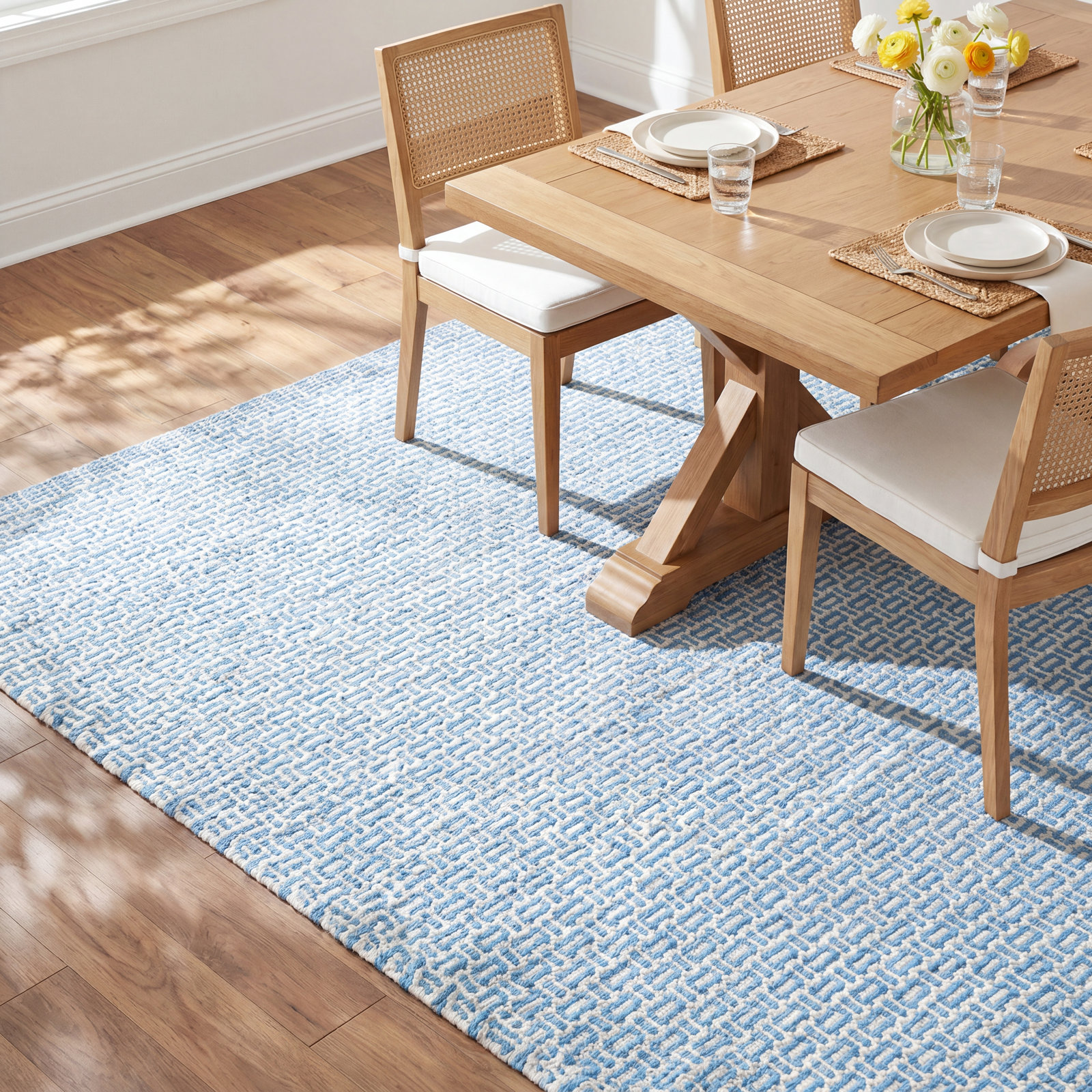Miss Muffet Hand-Woven Geometric Cotton Rug, Rectangle 3' x 5', French Blue