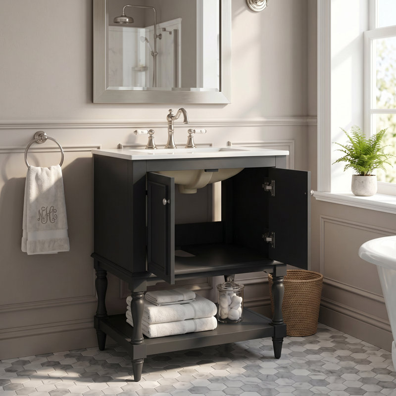 Meuble-lavabo de salle de bain autoportant en bois massif 24 po + 24 po avec plateau ouvert et rangement fermé noir, Black