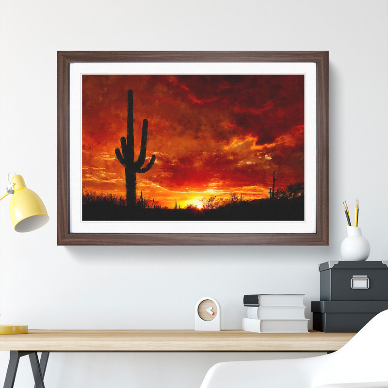 Sunset in Saguaro - Picture Frame Painting, Walnut Framed, 27cm H x 36cm W x 2cm D