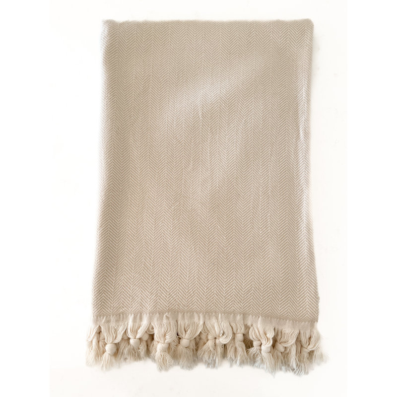 Beige Cotton Herringbone Throw Blanket with Tassels