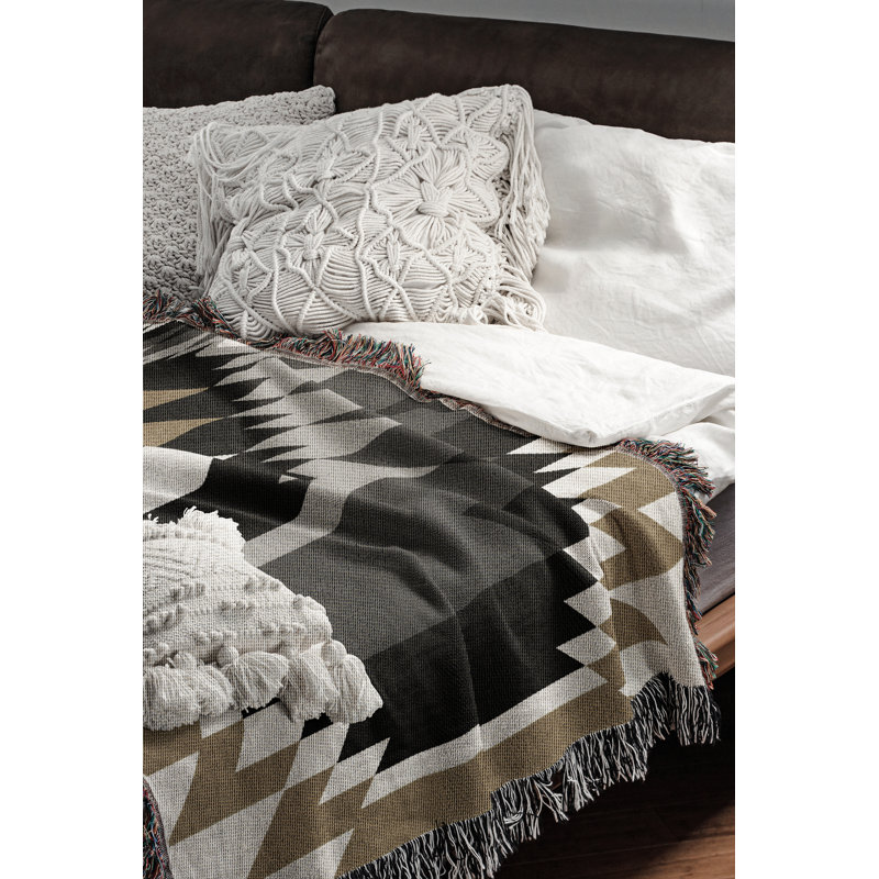 Couverture en mélange de coton Zio South Western, L 70 po x l 50 po, Noir / gris / or terne / blanc cassé