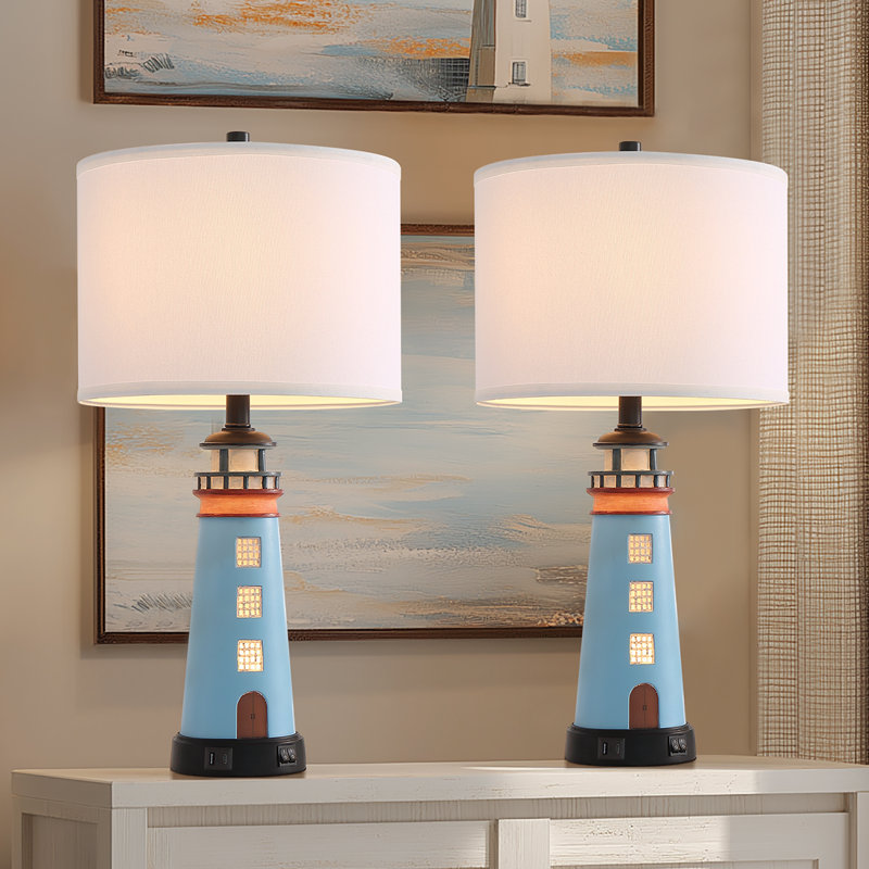Set Of 2 Lighthouse Table Lamps With Night Light, Coastal Nautical Bedside Lamp With USB Ports & Free Bulbs, Blue Resin Base