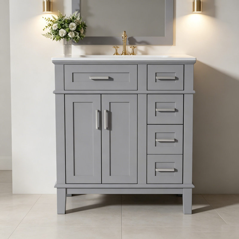 30" Bathroom Vanity With Ceramic Top, Cabinet And Drawers, Gray