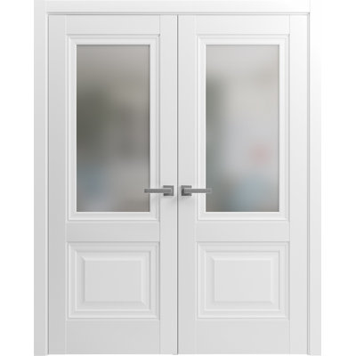 French Double Panel Lite Doors with Hardware Lucia 8822 White Silk with Frosted Opaque Glass Panel Frame Trims Bathroom Bedroom Interior Sturdy Door 60" x 96" (2* 30x96)
