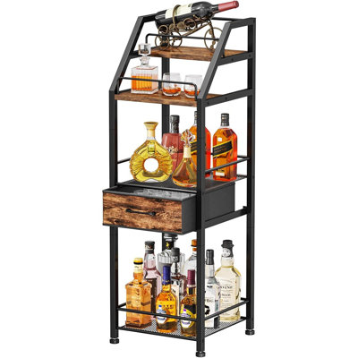 4-Tier Stepped Liquor Cabinet – Home Bar Stand With Fabric Drawer, Wine And Glass Organizer For Living Room, Kitchen, Or Dining Room