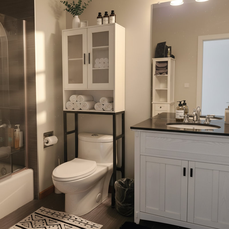 Over The Toilet Storage Cabinet, Freestanding Bathroom Organizer With Tempered Glass Doors, Space Saving Bathroom Shelf, White