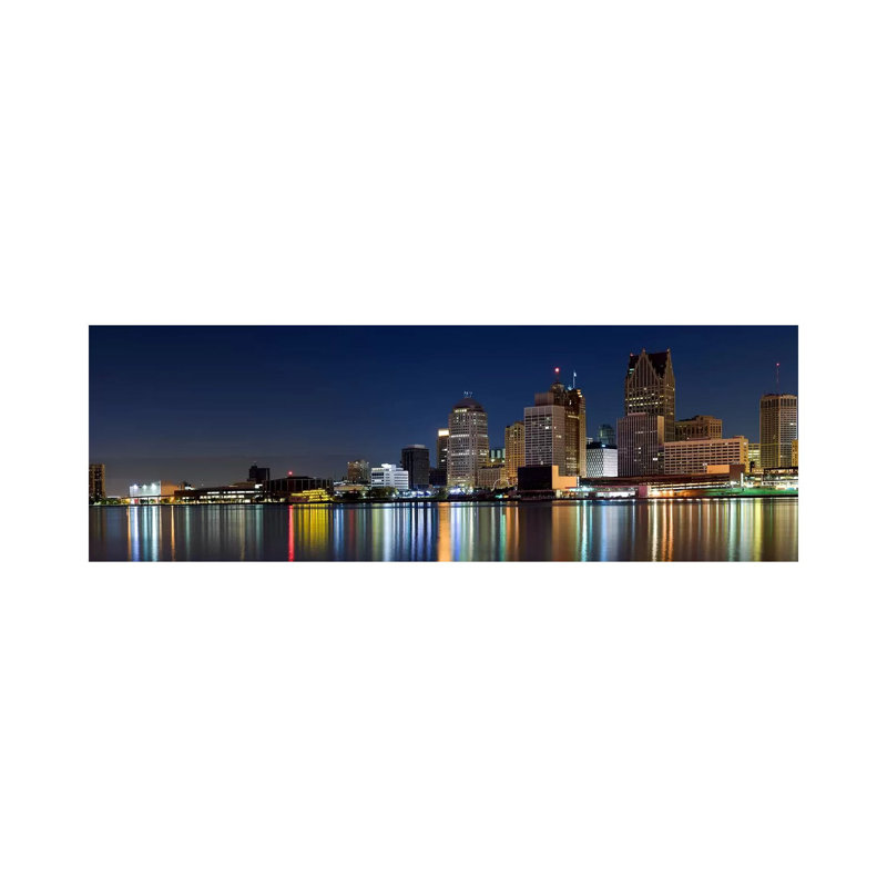 Buildings In A City Lit Up At Dusk, Detroit River, Detroit, Michigan, USA - Wrapped Canvas Panoramic Print