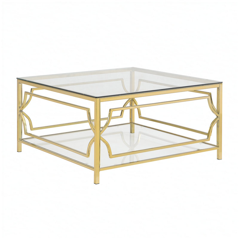 Square Glass Coffee Table in 33.5",Luxurious Geometric Metal Frame,Gold Finish & Lower Shelf, 17.7" H x 33.5" W x 33.5" D