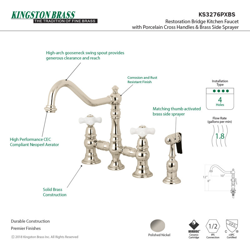 Kingston Brass Restoration Two-Handle 4-Hole Deck Mount Bridge Kitchen Faucet with Brass Side Sprayer, Polished Nickel