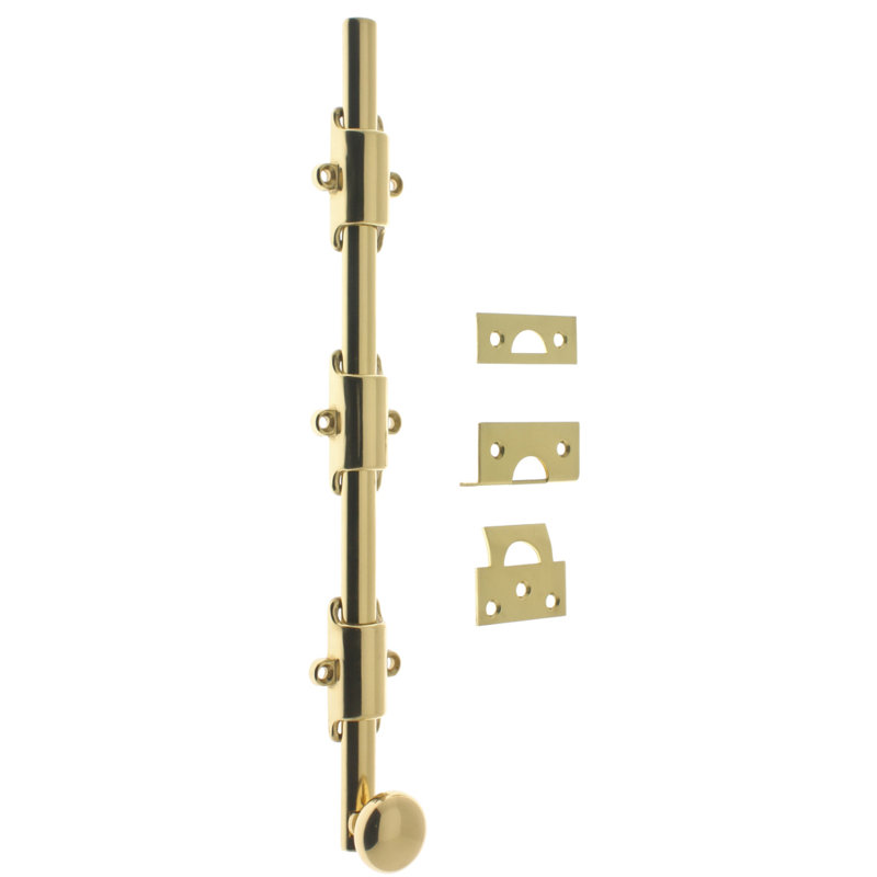 Solid Brass 12" Heavy Duty Surface Bolt with Round Knob, Polished Brass