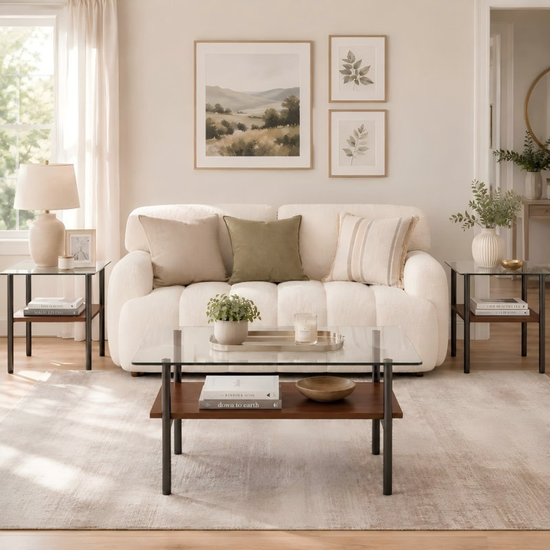 Ensemble de 3 tables basses modernes avec 2 tables de bout, plateau en verre trempé et tablette de rangement, ensemble de meubles de salon