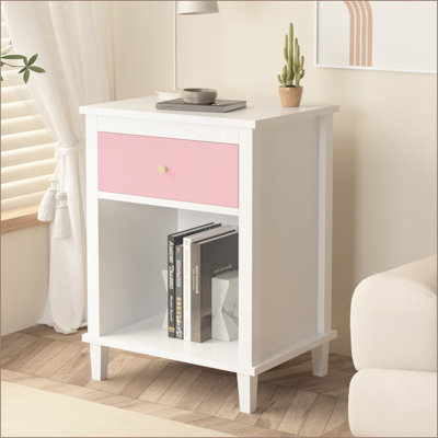 Table de chevet en bois de 26,8 po de hauteur avec 1 tiroir Tablette - rose / poignée dorée