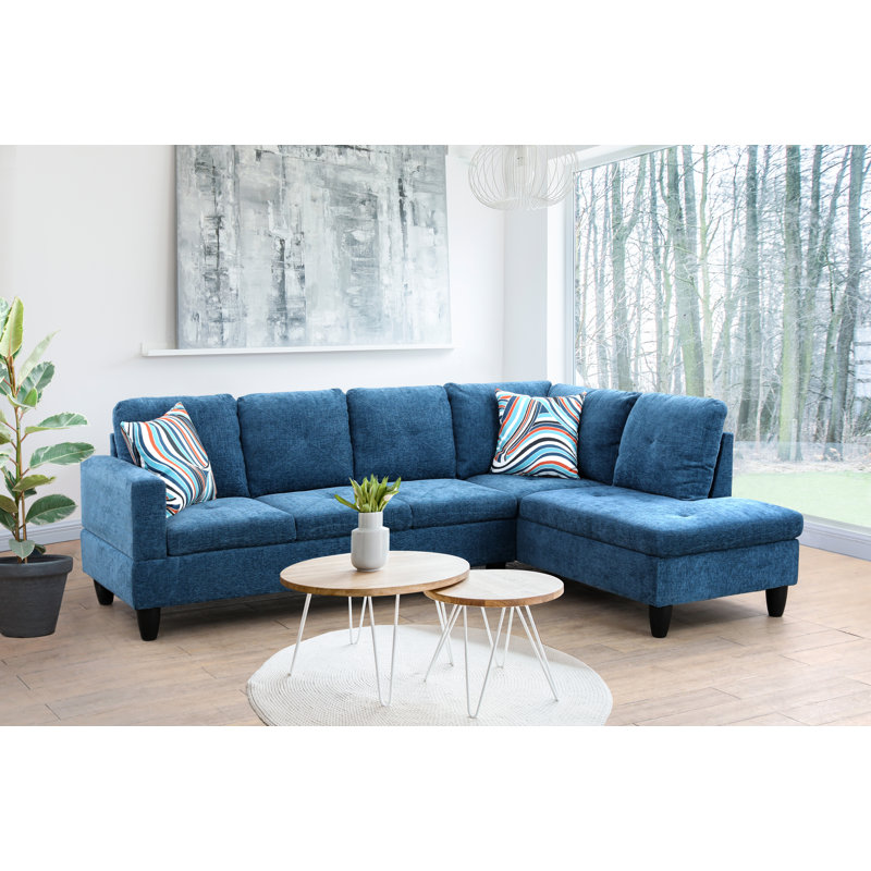 Upholstered L-Shaped Sectional, Right Hand Facing, Midnight Blue Velvet
