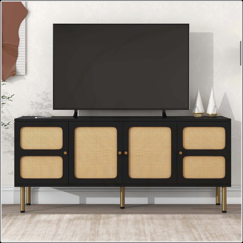 Meuble télé de style bohème avec porte en rotin