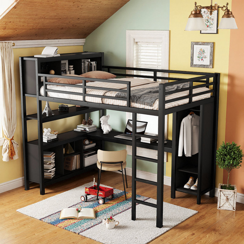 Lit mezzanine en métal avec rangement et garde-robe et bureau en L, Noir