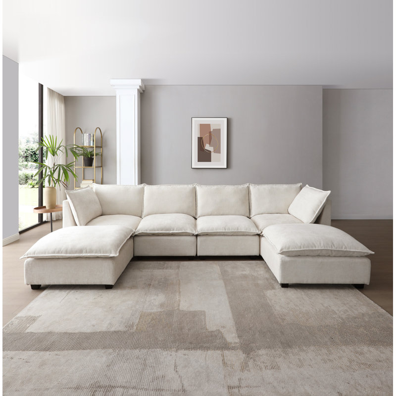 Modular Sectional Sofa, Linen Fabric Couch Set with Convertible Ottoman,U shaped sofa, Beige