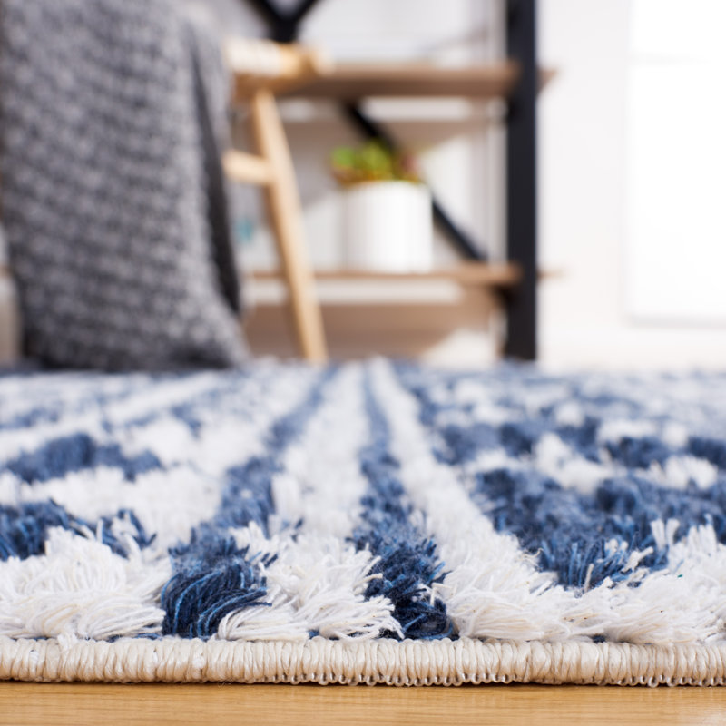Navy and Ivory Geometric Flat Woven Square Rug