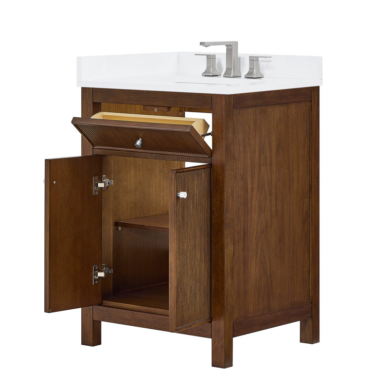 Meuble-lavabo simple 24 po Pendry en noyer foncé, comptoir en marbre de culture de Carrare, lavabo carré encastré (1 trou), garniture noir mat