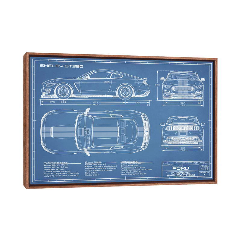 GT350 Shelby (2015-2019) Blueprint-impression de dessin, Pas de tapis, Toile avec cadre en bois brun classique