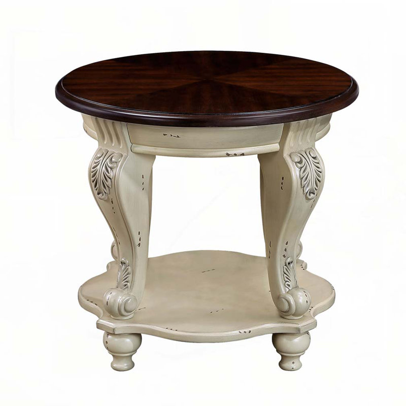 Solid Wood Round End Table with Shelf, Espresso