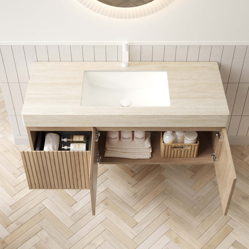 48" Bathroom Vanity And Sink, Floating Plywood Storage Cabinet With Drawer And Doors, Roma Travertine Sintered Stone Top And Ceramic Basin With 1 Pre-Drilled Faucet Hole, Pre-Assembled, White Oak Woodgrain
