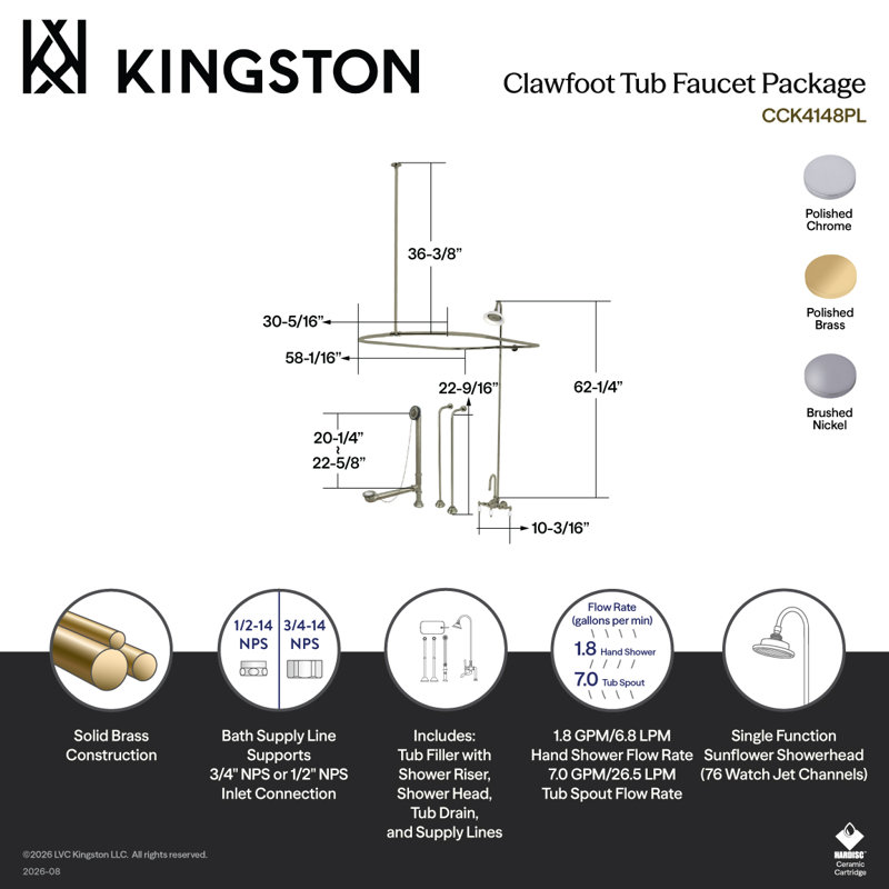 Kingston Brass Vintage Three-Handle 2-Hole Tub Wall Mount Clawfoot Tub Faucet Package with Shower Enclosure, Polished Chrome